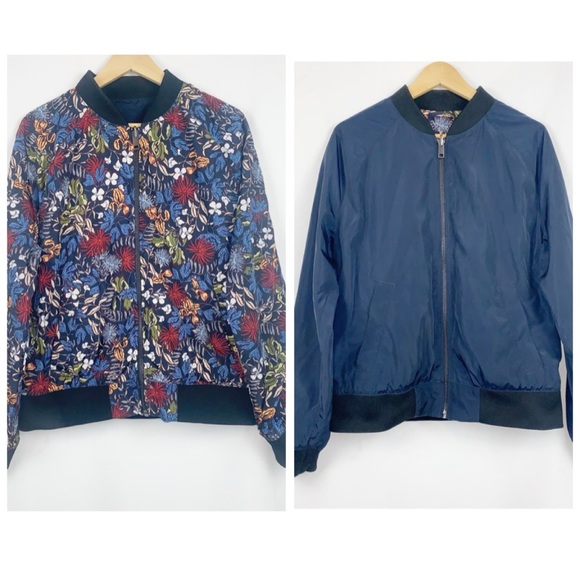 H&M Other - H&M Navy Tropical Print Reversible Bomber Jacket